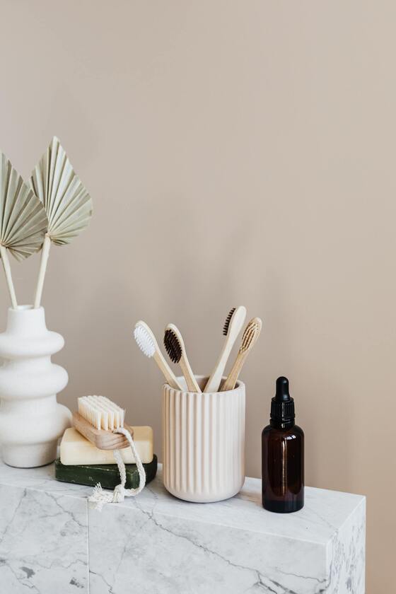 Toilet sink with toothbrush and soap in natural colors